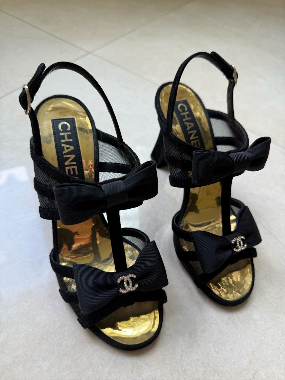 CHANEL Black Bow T-Strap Heels with Gold Footbed